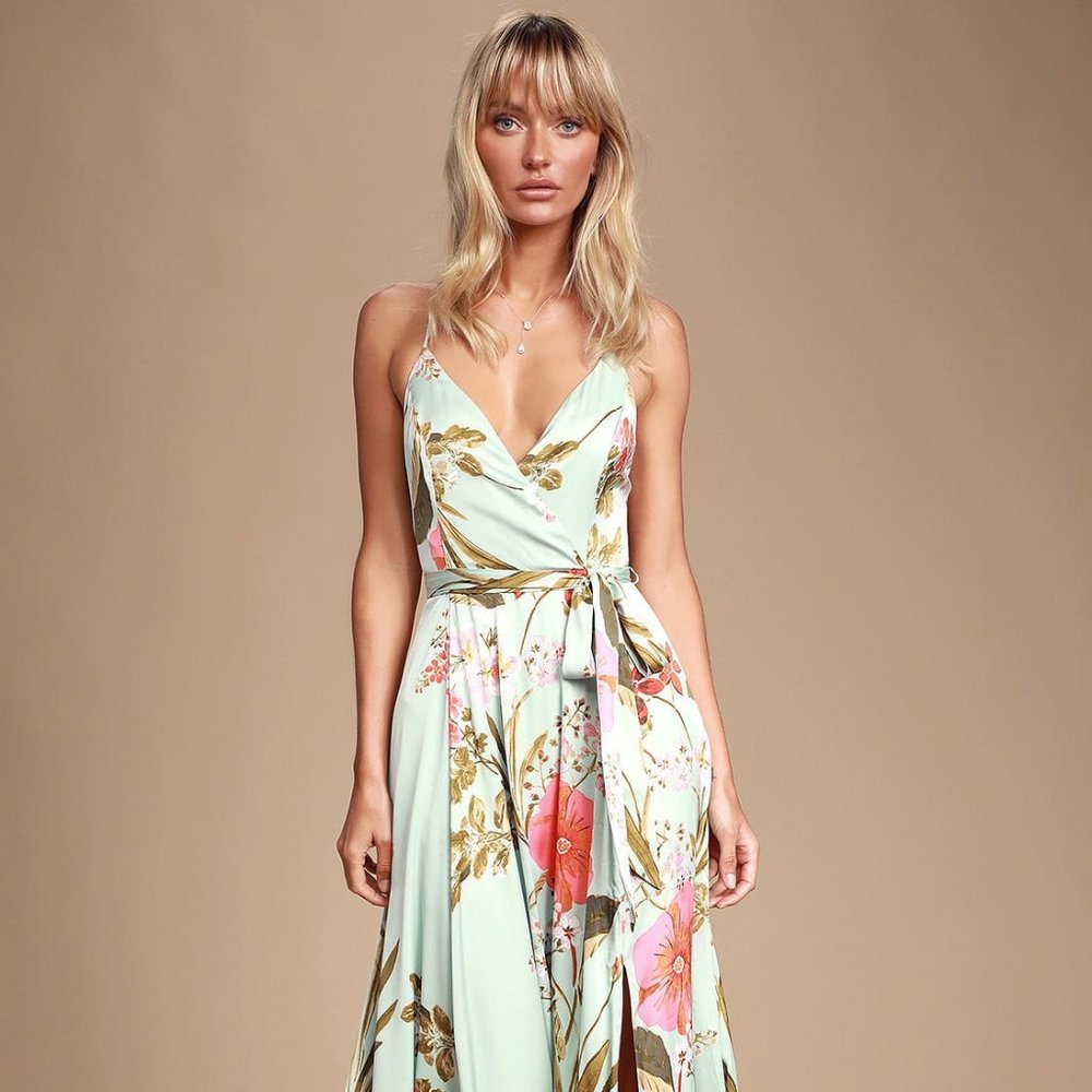 Lulus Still the One Sage Green Floral Print Satin Maxi Dress